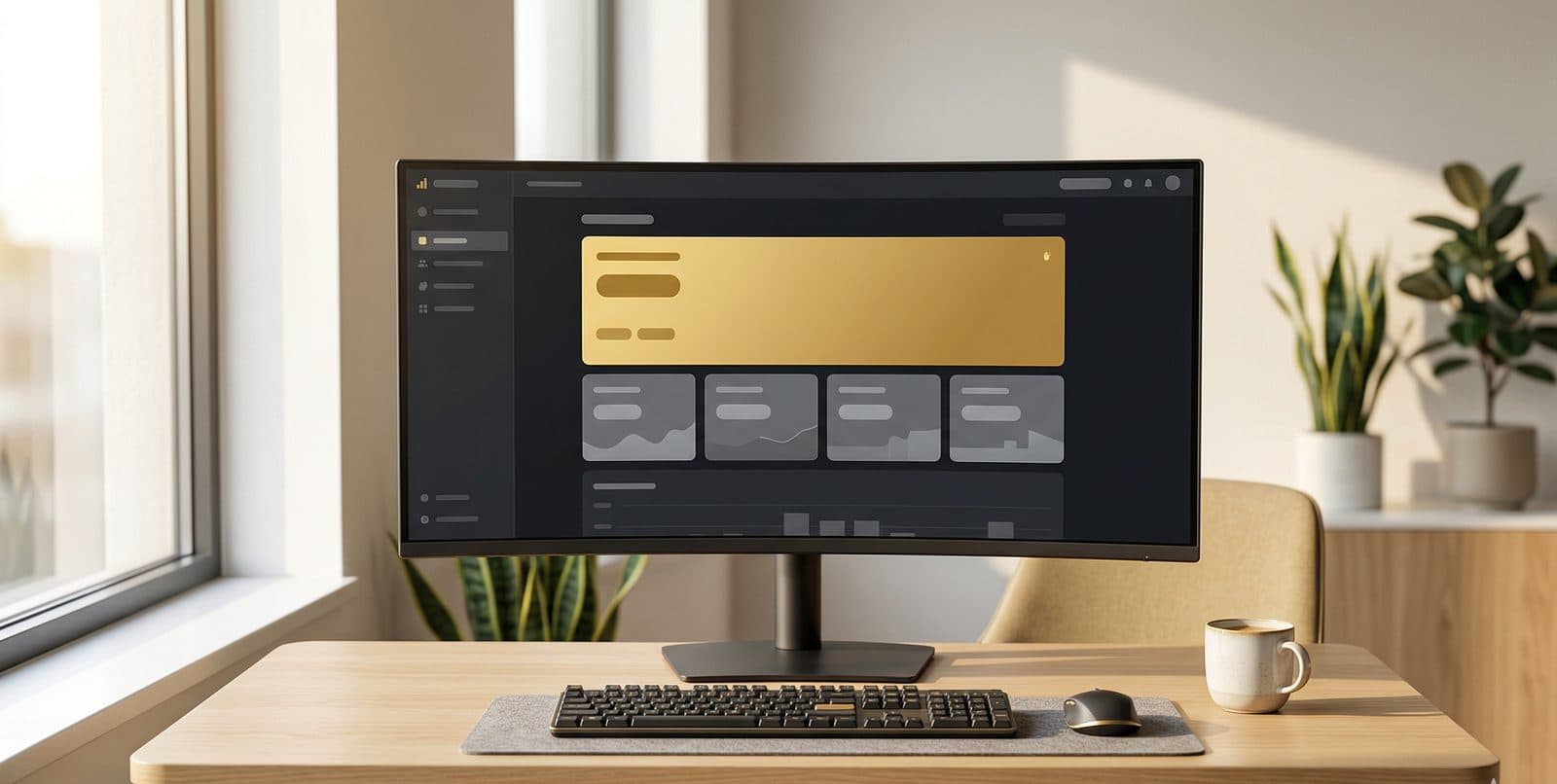 A single polished brass nautical sextant on a dark wooden chart table, warm directional light.