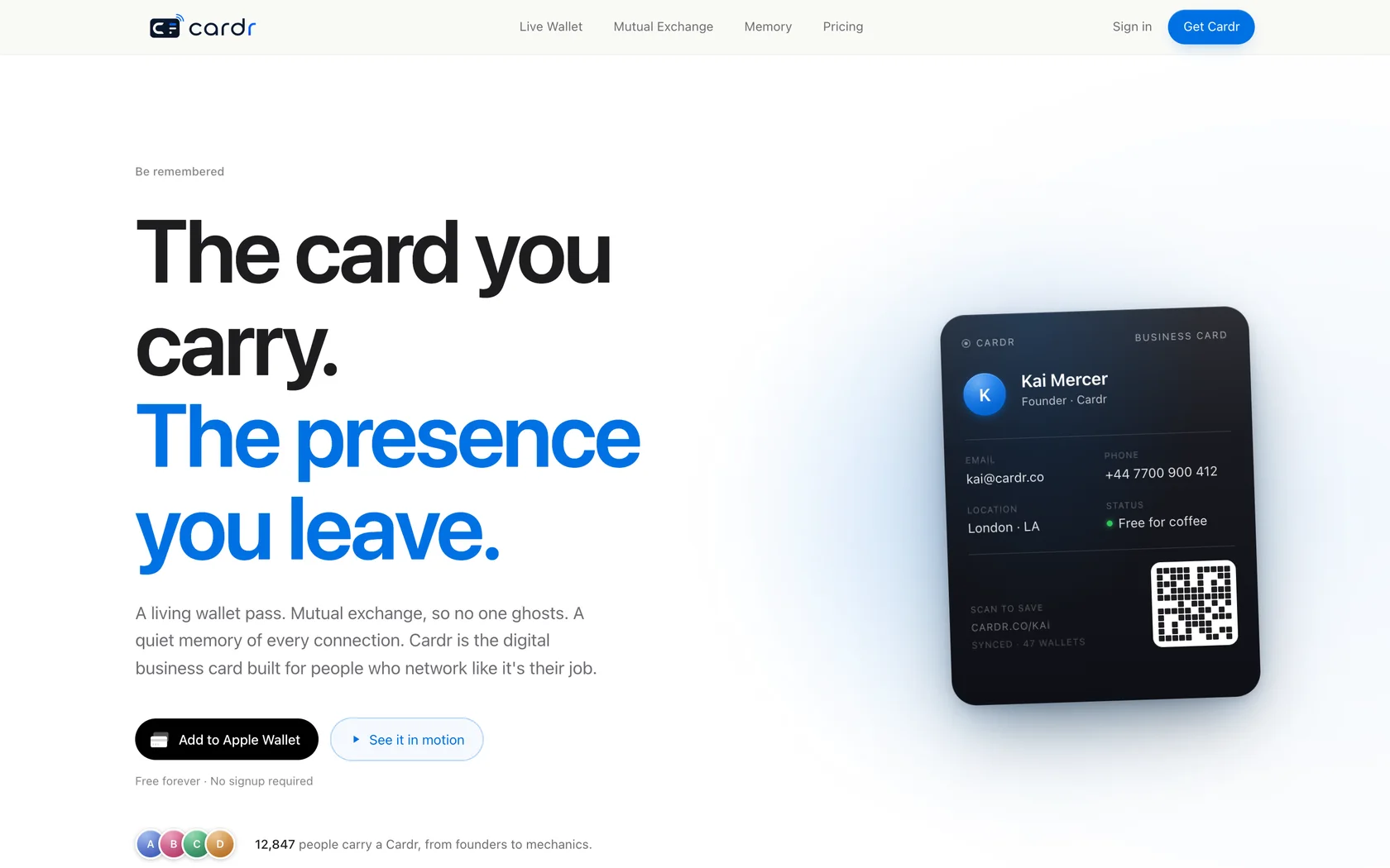 Cardr product website showing a digital business card pass for Apple Wallet