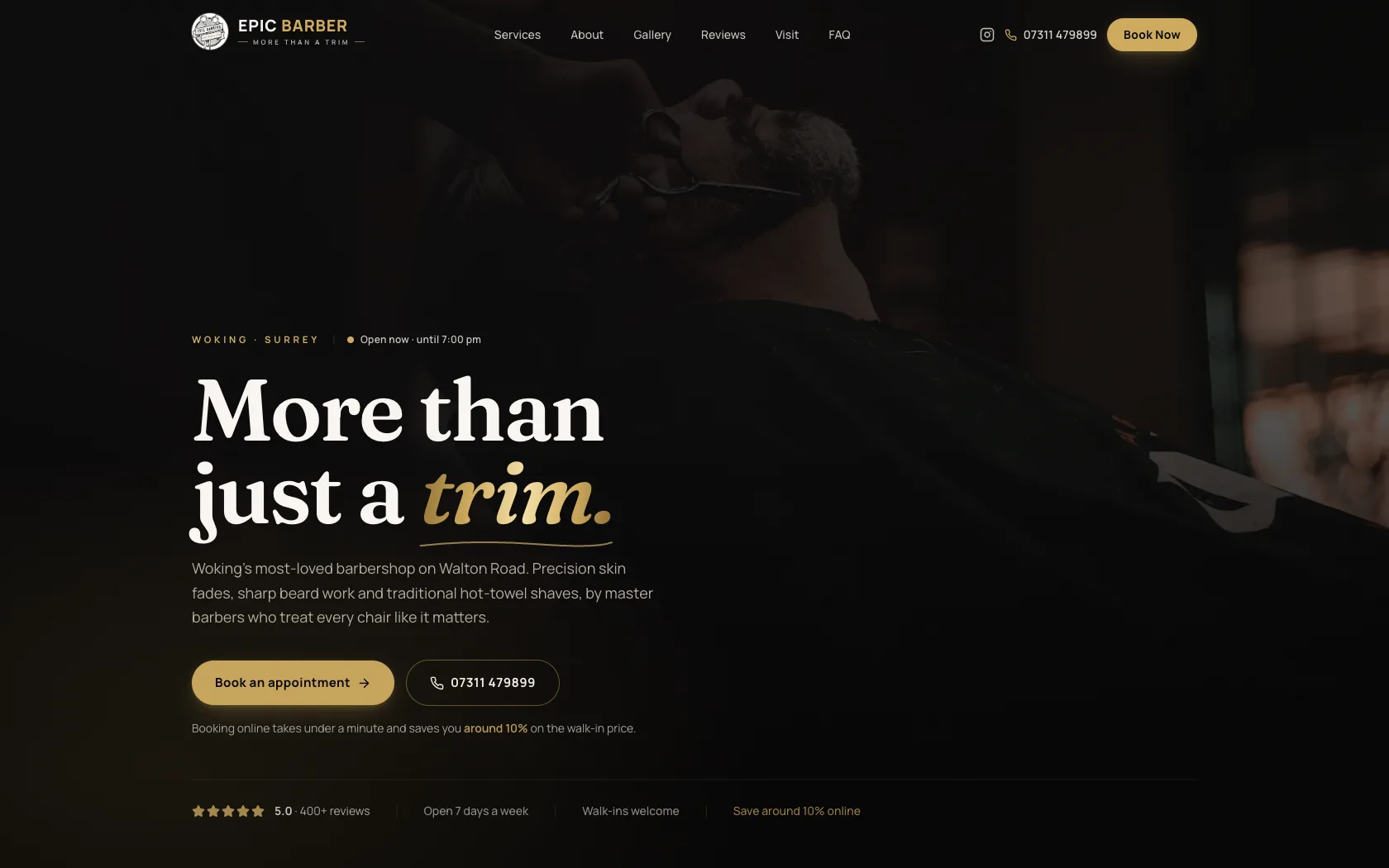 Epic Barber website homepage with a dark, gold-lit hero and a master barber giving a hot-towel shave in Woking