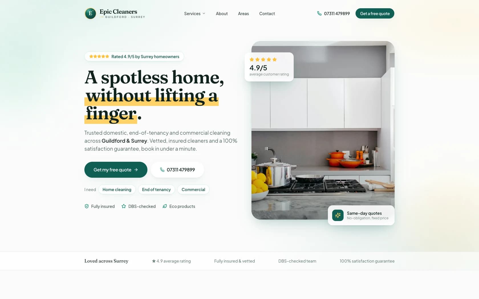 Epic Cleaners website homepage with a bright, freshly cleaned Guildford kitchen