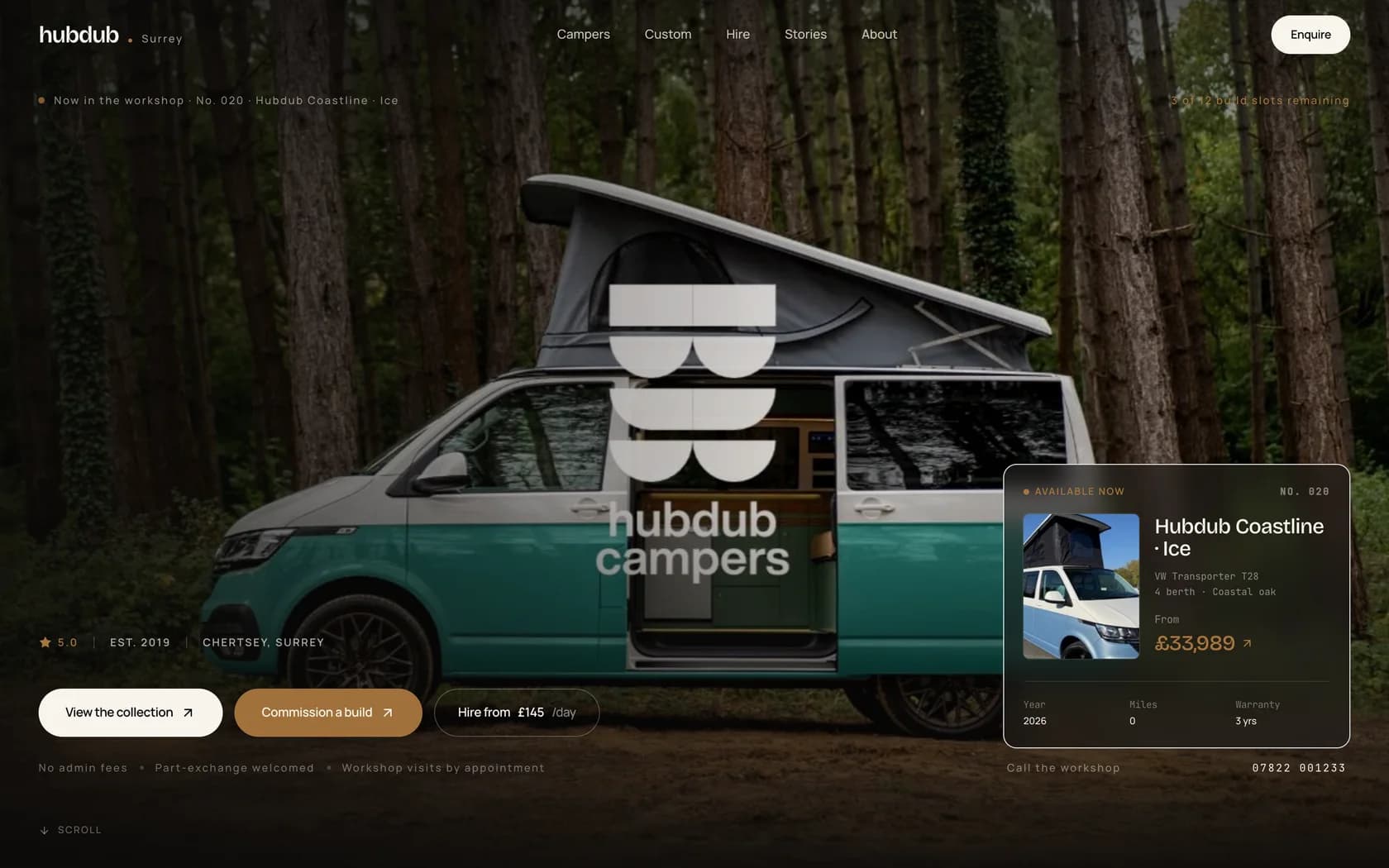 HubDub Campers website homepage with a teal VW campervan in a forest