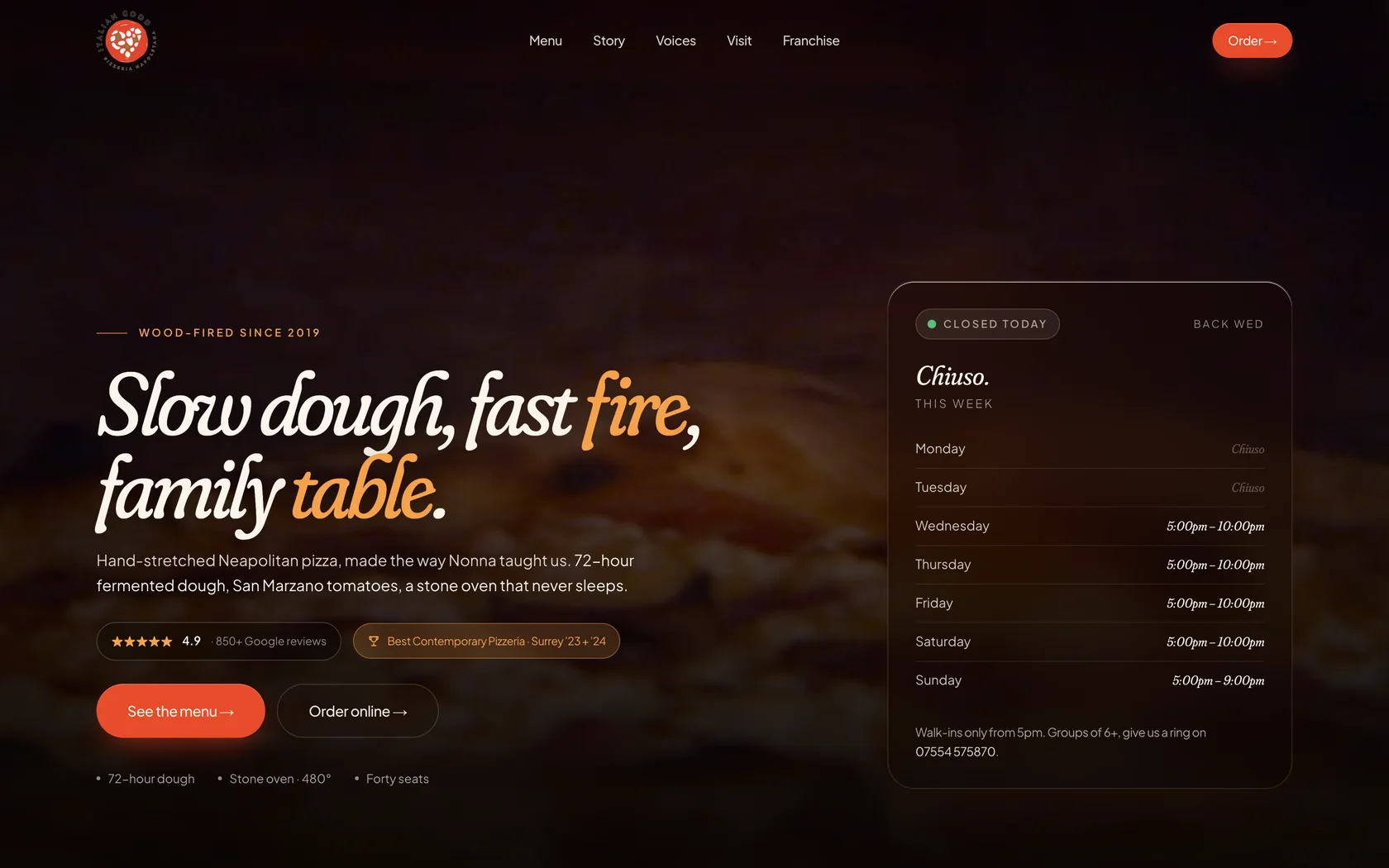 Italian Good restaurant website with a warm editorial hero and live opening hours